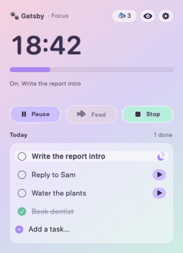 Gatsby's menu bar panel: an 18:42 focus timer on 'Write the report intro', with Pause, Feed and Stop buttons and a short Today task list.